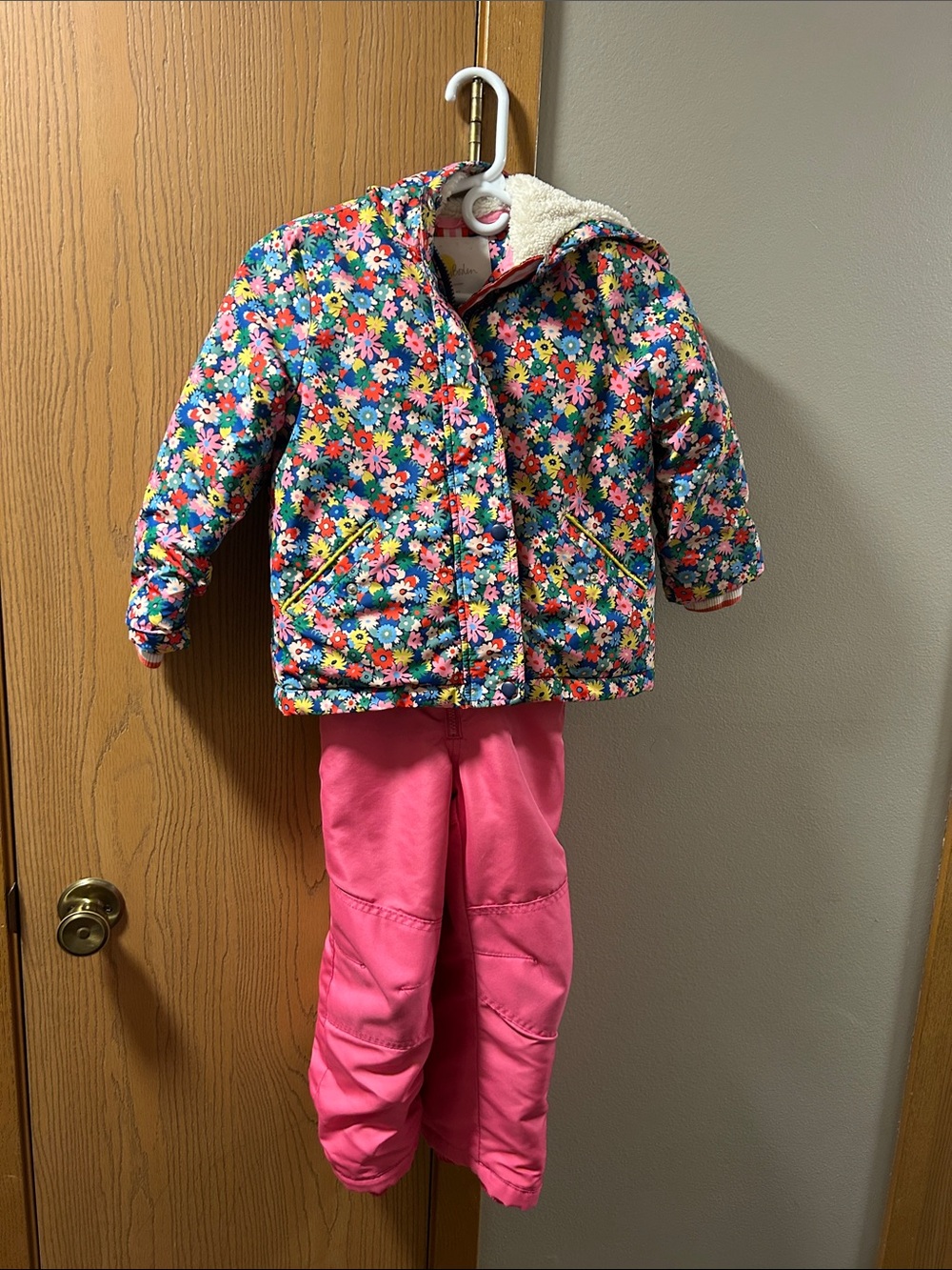 Mini Boden Floral Puffer Jacket in Multicolor with Pink Snow Pants